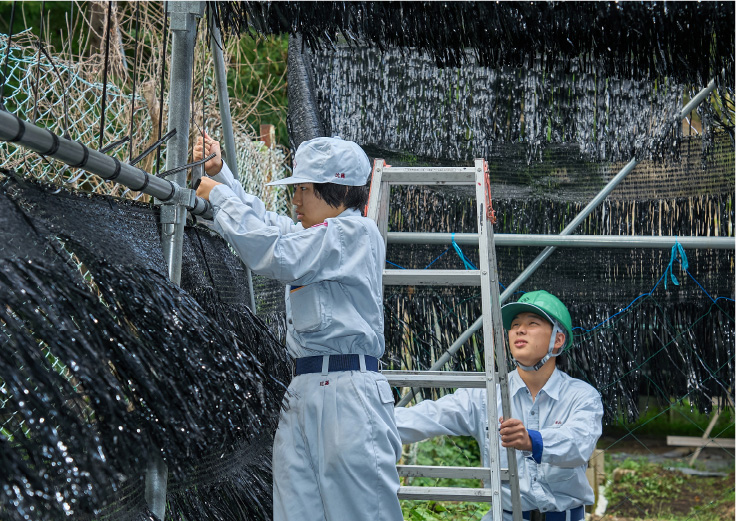 しいたけ栽培場の設置をする生徒