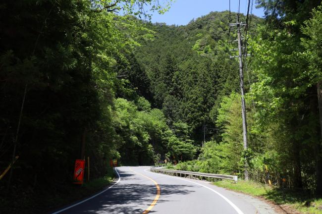 道の両側が山の地形になっている様子。