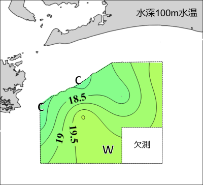 水深100mにおける水温の水平分布図