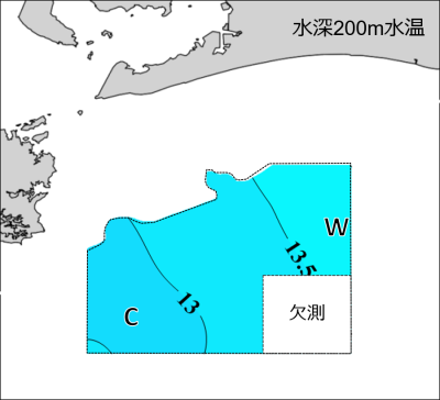 水深200mにおける水温の水平分布図