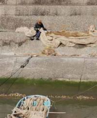 【豊川市】網の手入れをする漁師（御津新田付近）