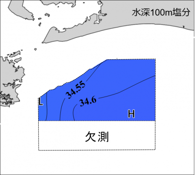 水深100mにおける塩分分布図