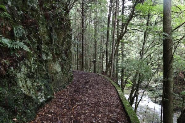 崖と川の僅かな土地に軌道敷が伸びる様子