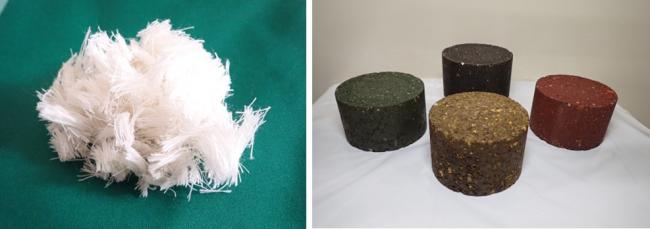 裁断した捨て耳（左）と開発した廃繊維添加常温アスファルト混合物（右）