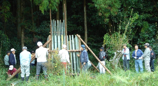 竹による檻の設置(新城市)