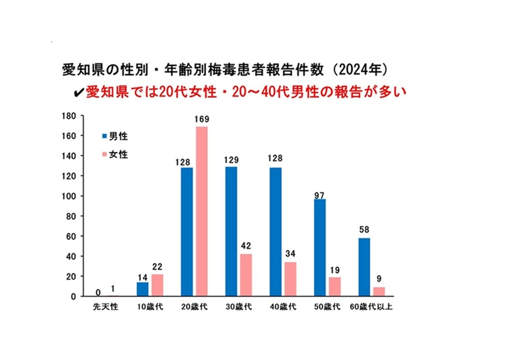 愛知県の性別・年齢別梅毒患者報告数(2024年)